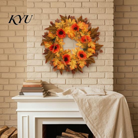 Decorative Door Hanger Fall Sunflower Maple Leaf Wreath with Pumpkin Pinecone, Thanksgiving Harvest Artificial Wreath, Indoor Outdoor Autumn Decor for
