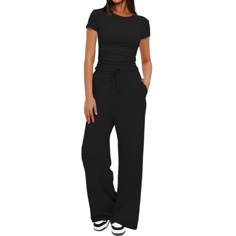 Solid Color Casual Long Sleeve Set Top High Waisted Wide Leg Pants Sportswear
