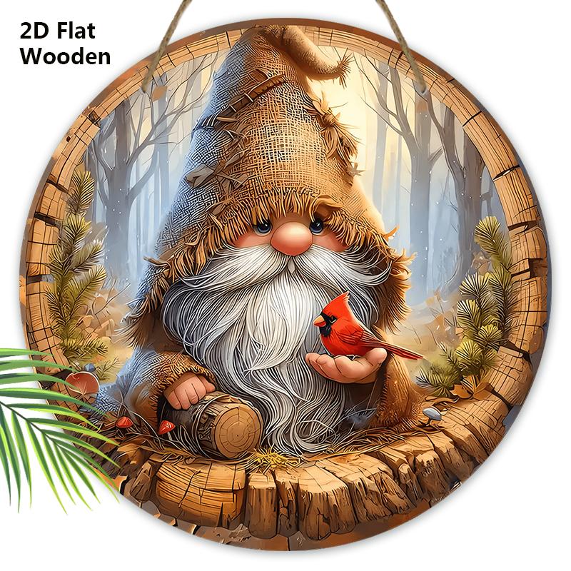 Cardinal Wooden Christmas Sign with Adorable Gnome Pattern - Navidad Round Sign for Front Door, Wall Hanging Decor - Ideal Christmas Decoration
