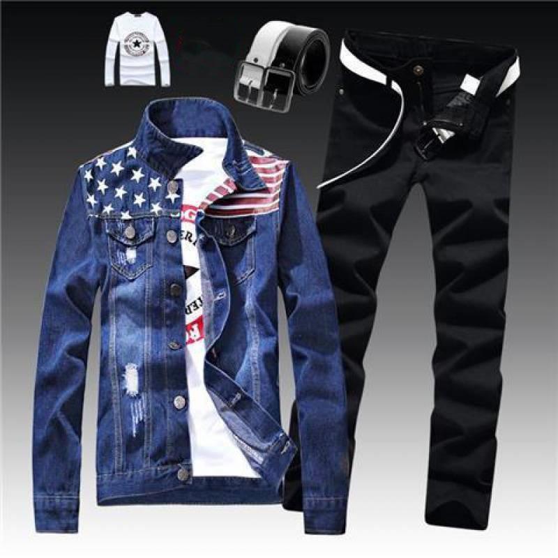Autumn Winter Men Jean Set Jacket New Tide Cowboy Jeans Suit Jacket Handsome Men's Clothing Cultivate One's