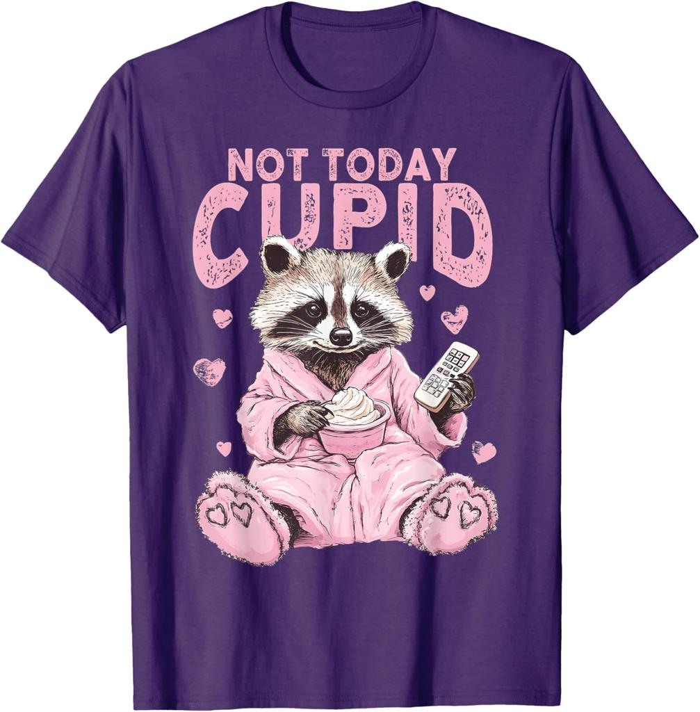 Not Today Cupid Pink Raccoon Funny Anti Valentine's Day Graphic T-Shirt Casual Tee Tops