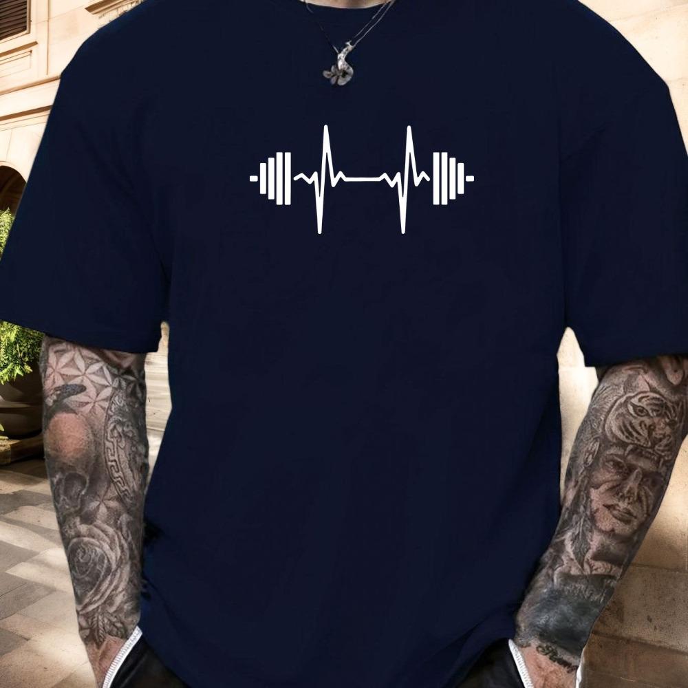 Mens Dumbbell and Heartbeat Pattern Summer New Product Unisex Casual Fitness Sports Tshirt