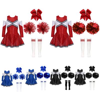 Children's Cheerleading Dance Outfits Kids Girls Sequins Cheerlead Uniforms Dress with Hand Flowers Socks Cheerleader Costume
