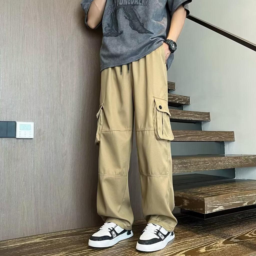 Multi-pocket Overalls Men's Summer Hong Kong Style Ins Loose Straight Trousers Trendy Elastic Waist Casual Pants