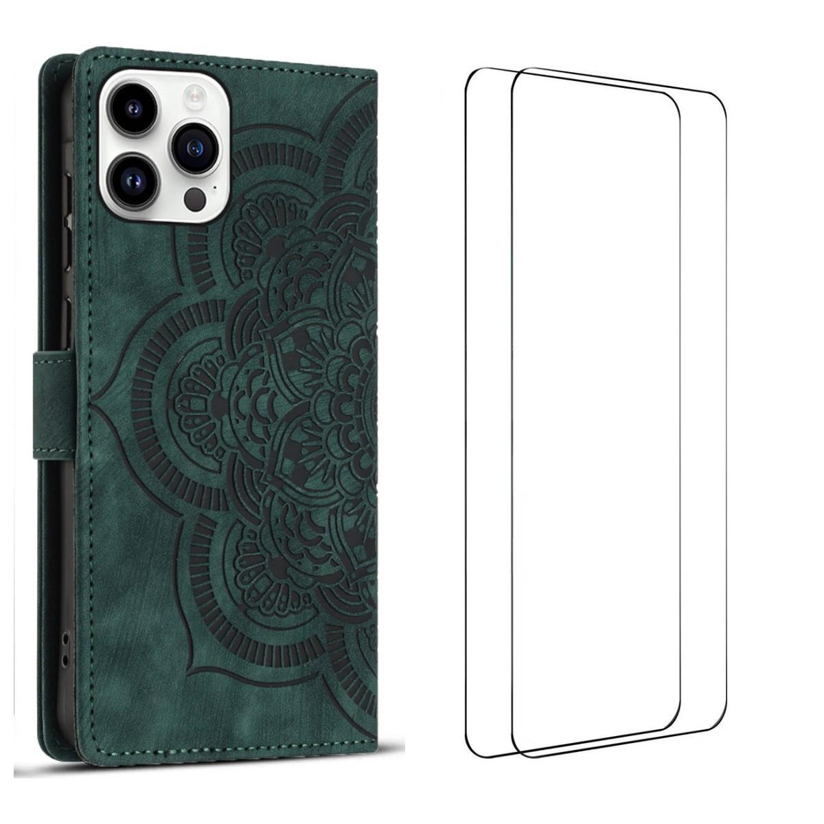 

For iPhone 15 Pro Case with 2Pcs Tempered Glass WANLONFENG MTL Series Mandala Leather Phone Cover Midnight Green