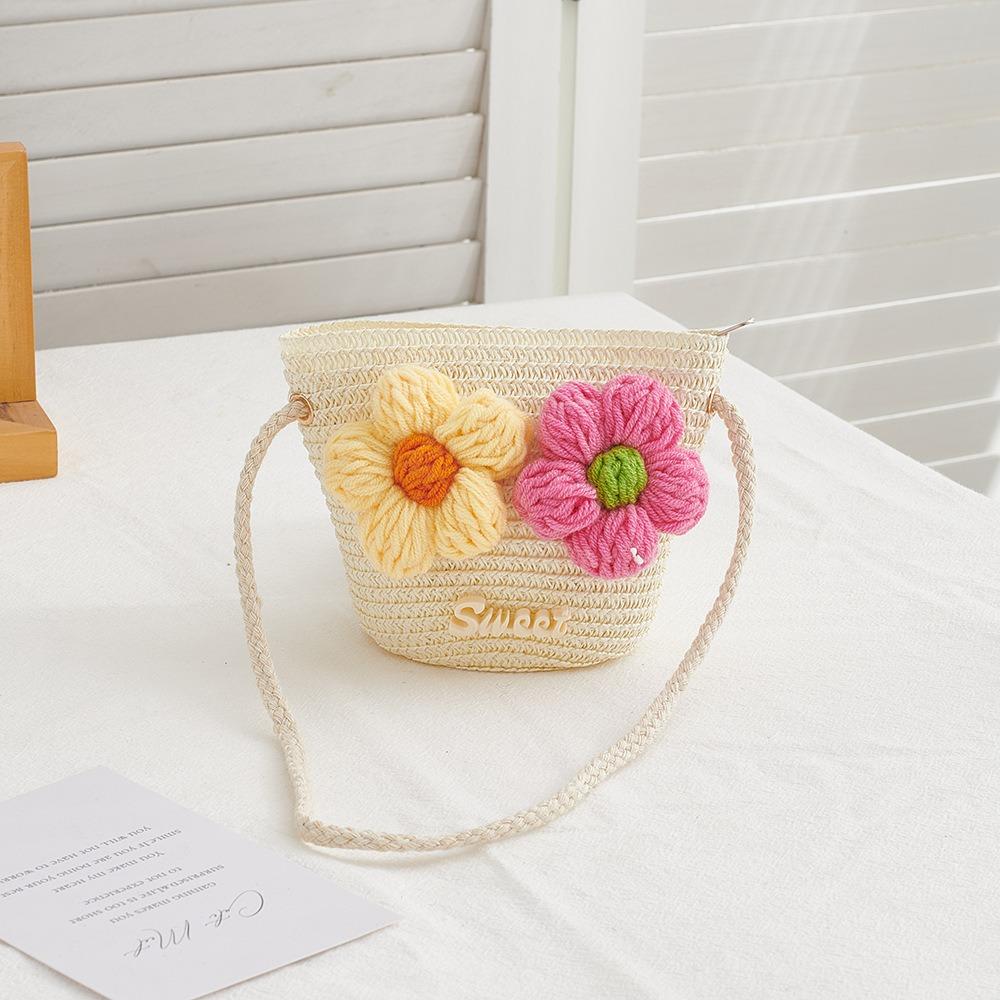 Cute Zipper Straw Bag Flower Princess Summer Beach Coin Purse Handmade Woven Storage Basket Kids