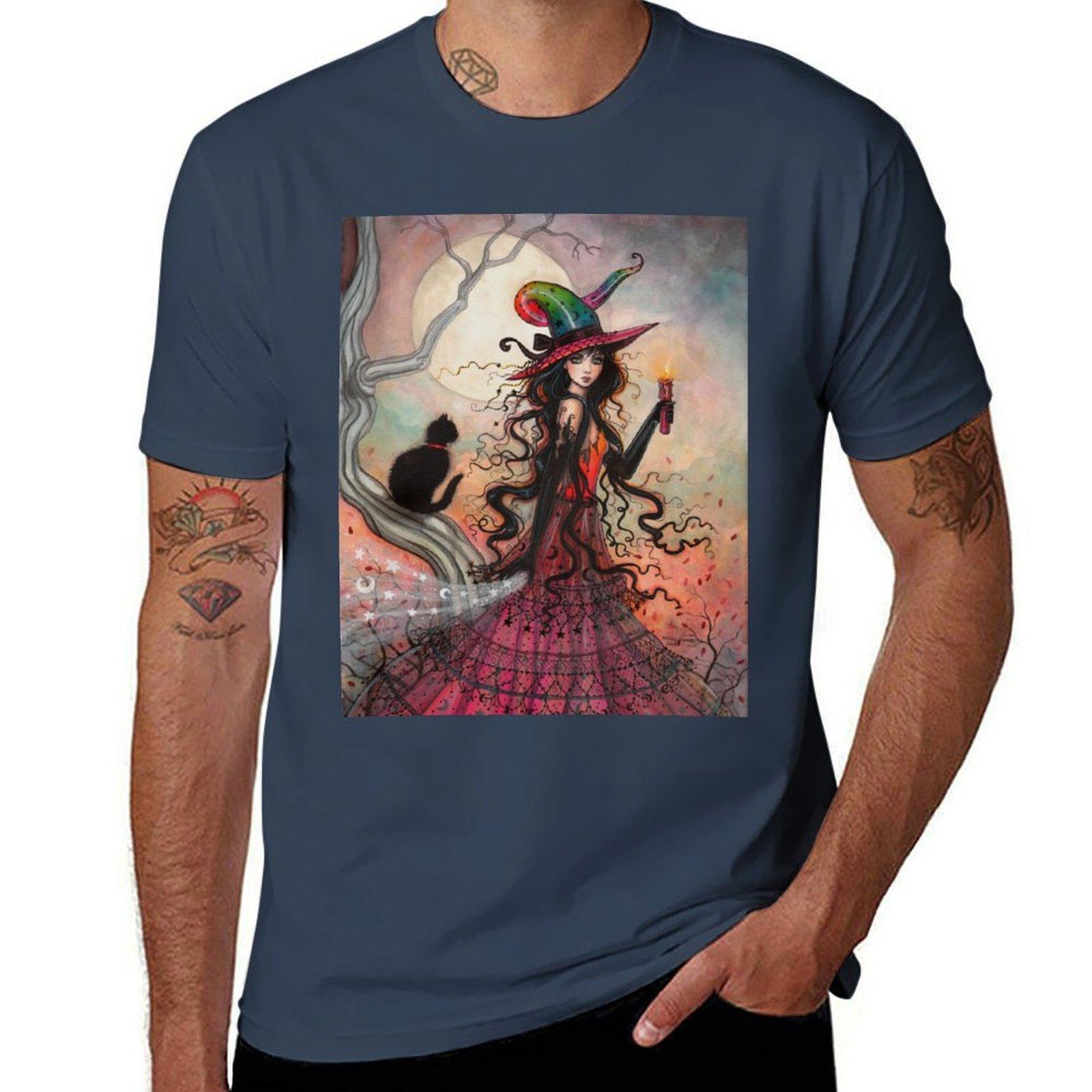 October Flame Witch Cat Fantasy Art By Molly Harrison Tshirt Large Size Short Sleeve Tshirt S