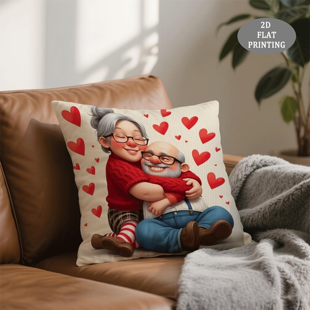 1pc Large Elderly Couple Embracing Love Plush Throw Pillow Cover - 18x18 Inch Contemporary Cushion Cover Suitable for Sofa Bed
