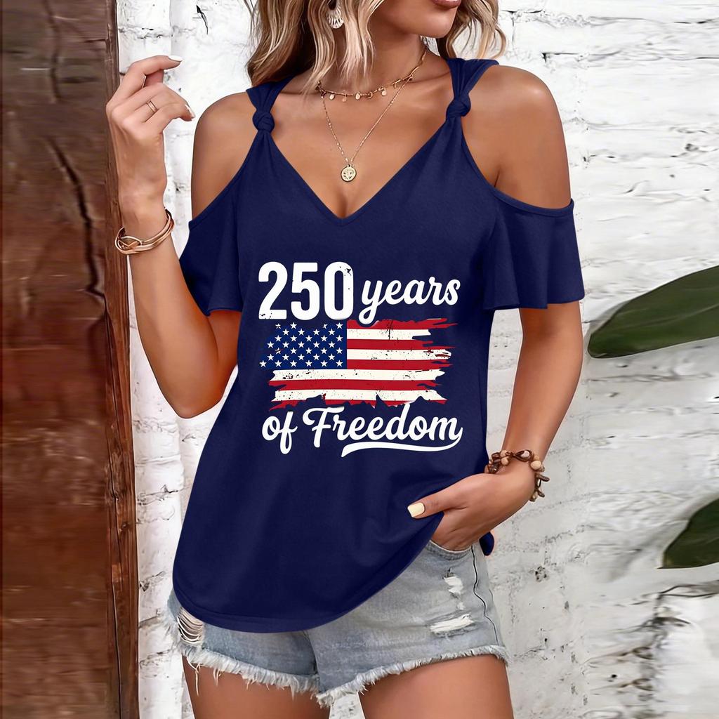 Blouses Manches Courtes pour Femmes Épaules Dénudées Col en V Chemises Manches Courtes pour Femmes avec Graphique Imprimé Hauts Manches Courtes pour Femmes Coupe Décontractée