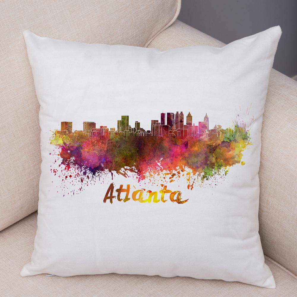 Watercolor City Skyline Cushion Cover Global Landmarks Art Print Soft Linen Living Room Bedroom Home Decor Pillow Case