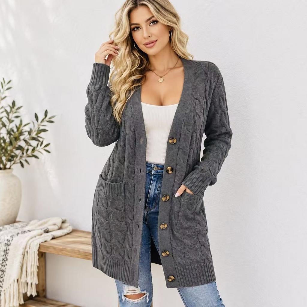 Cardigan lavorato a trecce da donna con scollo a V, chiusura a bottoni, maniche lunghe, lunghezza media con tasche