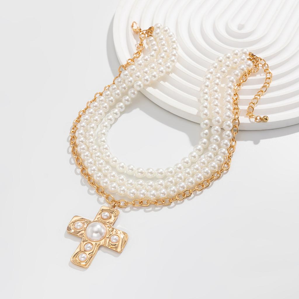 Tooxika Breezy Cross Alloy Pendant Chain French Elegant Pearl Beaded Necklace