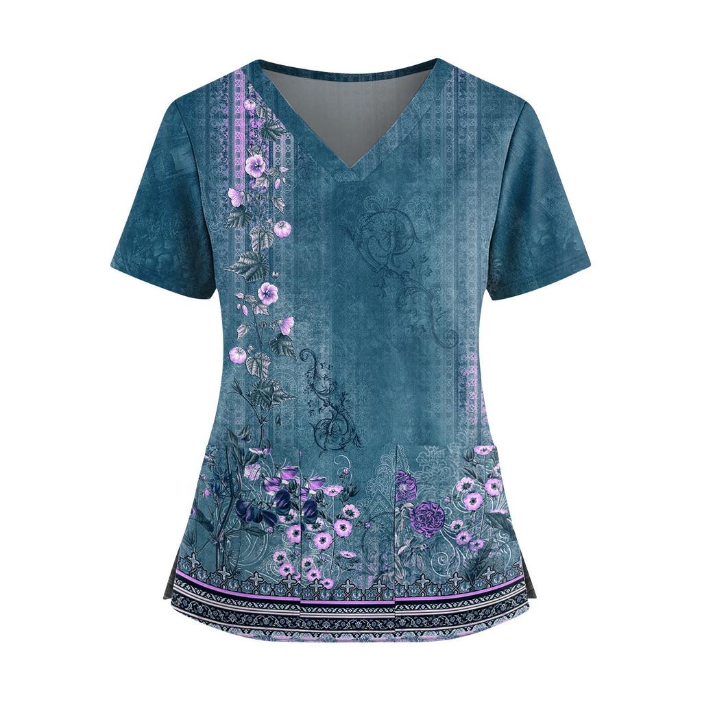 Damen Modisches Bedrucktes V-Ausschnitt Doppelpattentaschen Kurzarmhemd Mit Schlitzsaum Uniform- und Arbeiter-Oberteil