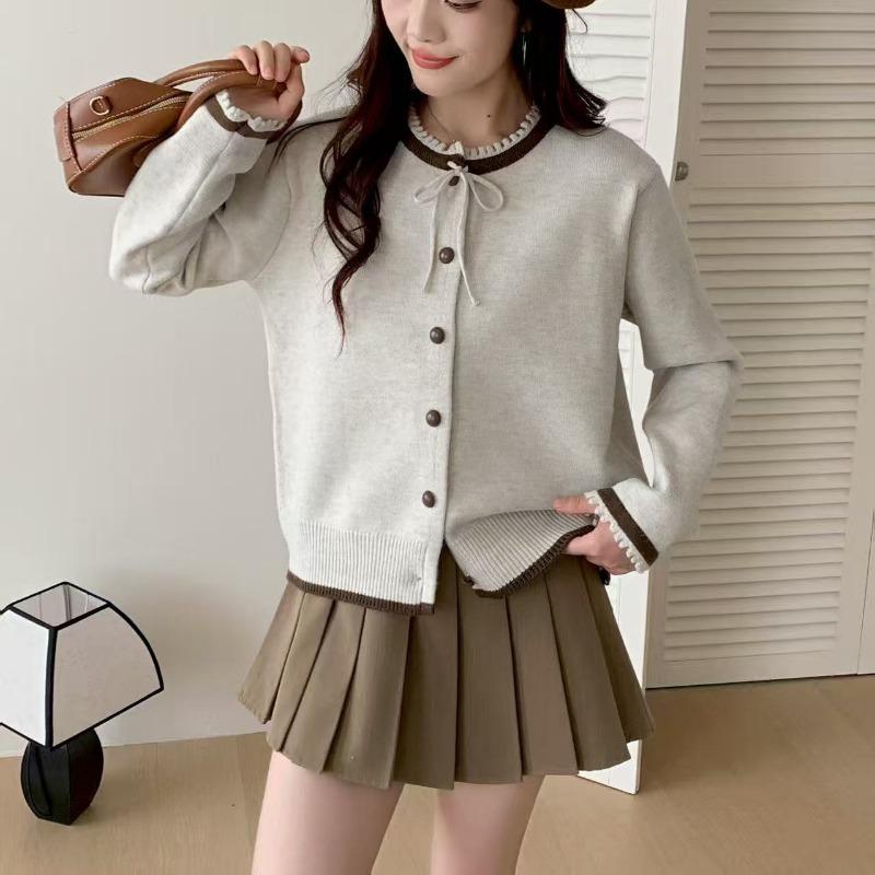 Autumn and Winter New Lace Neckline Lace-up Sweater Jacket Women's Knitted Cardigan Soft Waxy Short Top