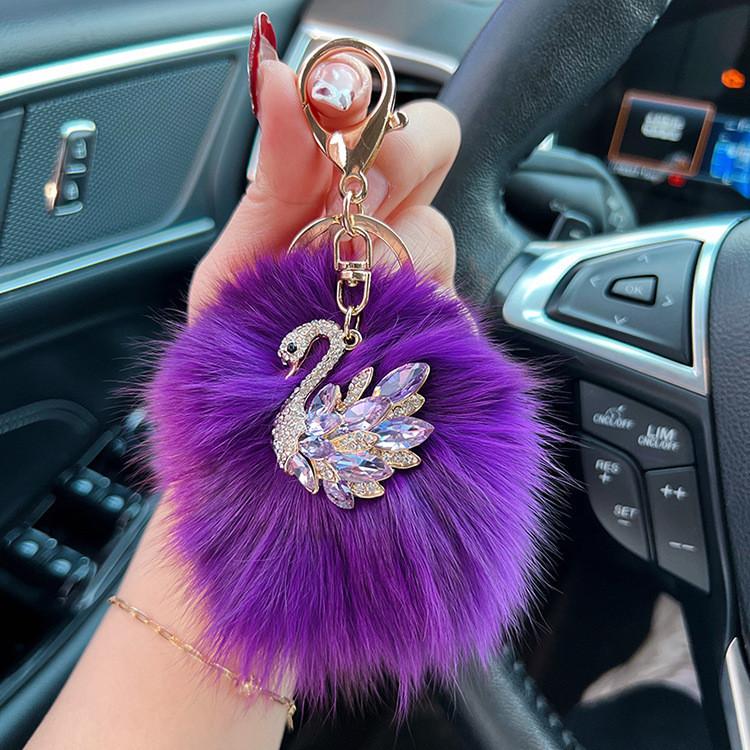 Crystal Swan Creative Fox Fur Car Keychain Exquisite Chic Keyring Bag Pendant