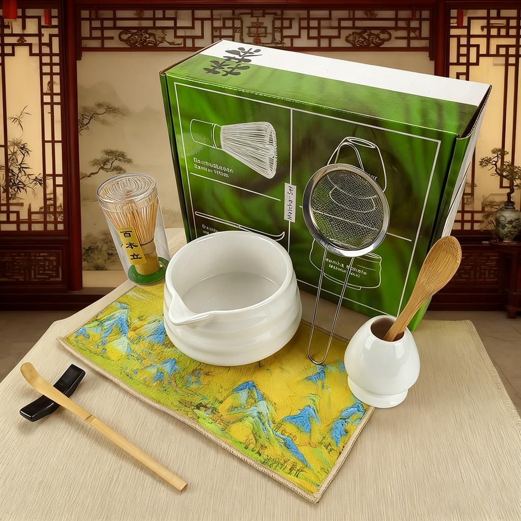 8PCS/Set Japanese Matcha Set, Including Bowl, Cloth, Spoon, Tea Whisk Stand, Strainer, Tea Whisk, Matcha Brush - Traditional