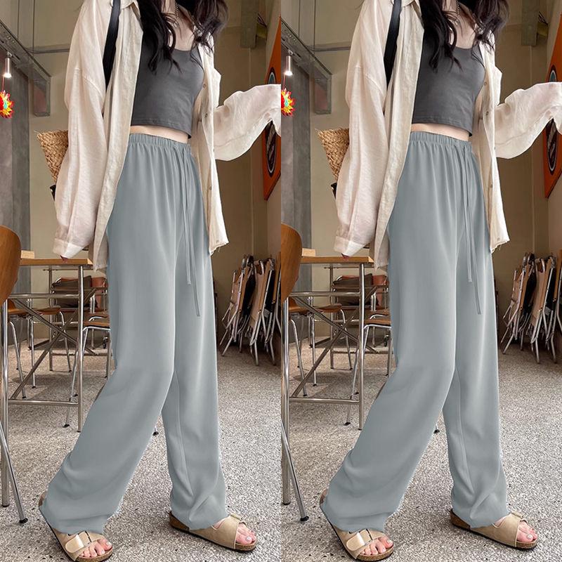 

Женские брюки с высокой талией и широкими штанинами из ледяного шелка - Летние тонкие, драпирующиеся костюмные, с защитой от солнца, шелковистые прямые длинные брюки. XL: 131-145 lbs