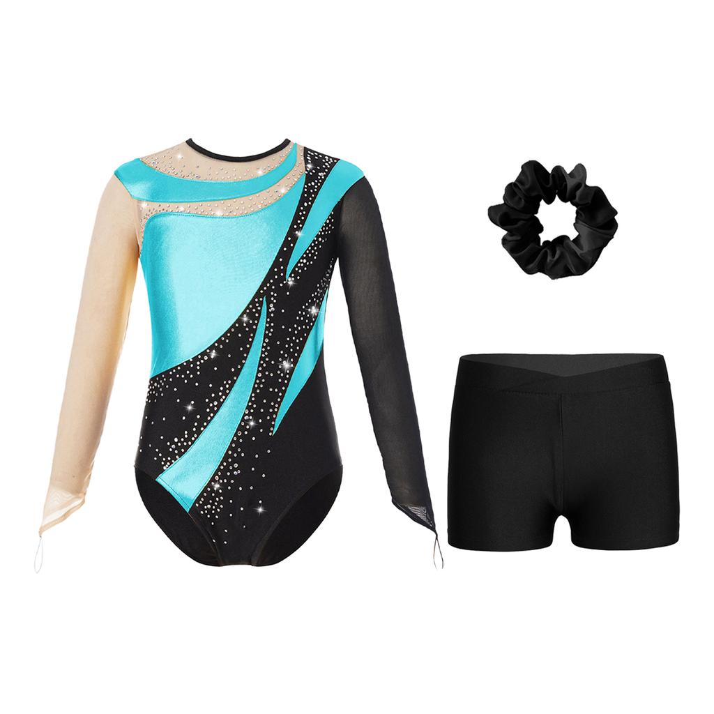 Girls Dance Long Sleeve Round Neck Leotard Patchwork Cutout Back with Shorts Hair Tie Headwear Set
