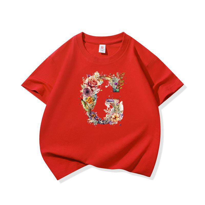 Kids Cotton T Shirt Floral Letter G Print Crew Neck Short Sleeve Tee Casual Boys Girls Summer Tops