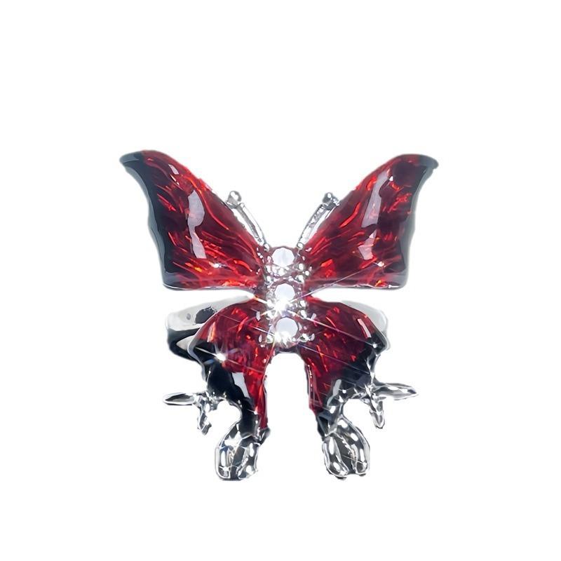 Temperament Niche Exquisite Design Sense Personality Ring Sweet Cool Red Enamel Drip Glaze Butterfly Opening Ring Female