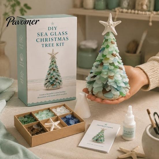 Sea Glass Art Projects for Adults DIY Christmas Tree Kit, 3D Coastal Xmas Craft Kit Creative Relaxing Holiday Activities with Pieces, Handmade