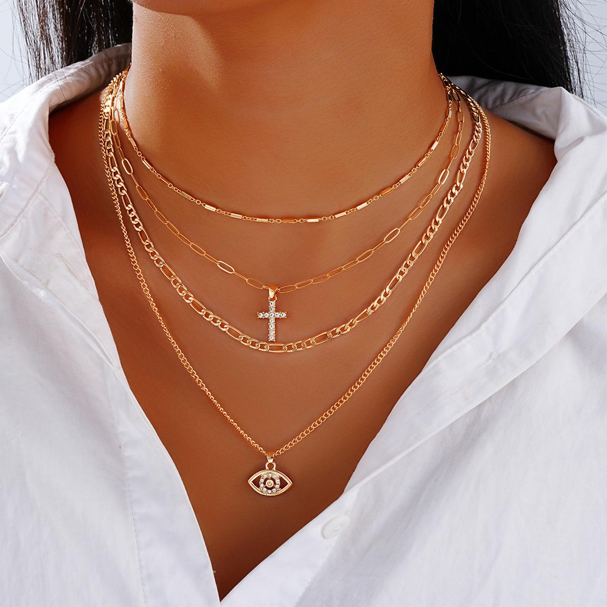 Женское многослойное штабелируемое ожерелье сглаза и креста, золотого цвета, с кристальным кулоном, модная женская цепочка на ключицы, бижутерия