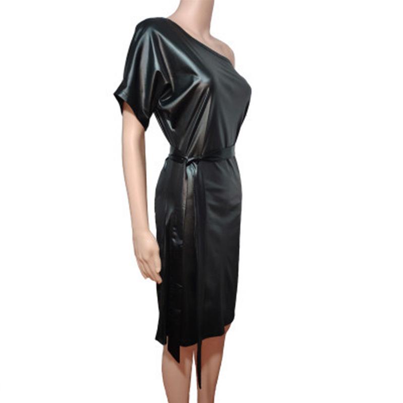 New Fashion Faux Leather Dress - Elastic Diagonal Neck & Batwing Short Sleeve