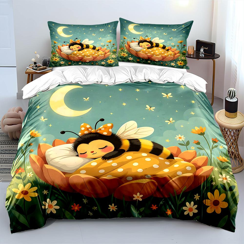Bee sleeping on a flower bed Pattern Duvet Cover Set Digital Print Polyester Bedding with Zipper Closur for kids gifts