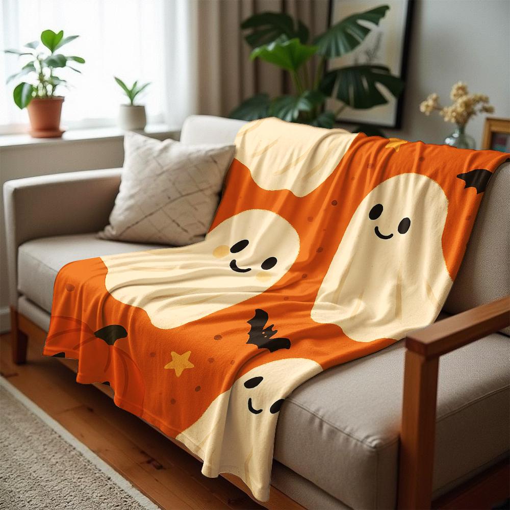Cute Orange Moon Ghost Cartoon Anime Print Flannel Blanket Soft Warm Throw for Kids Bedroom Sofa Christmas Office Car