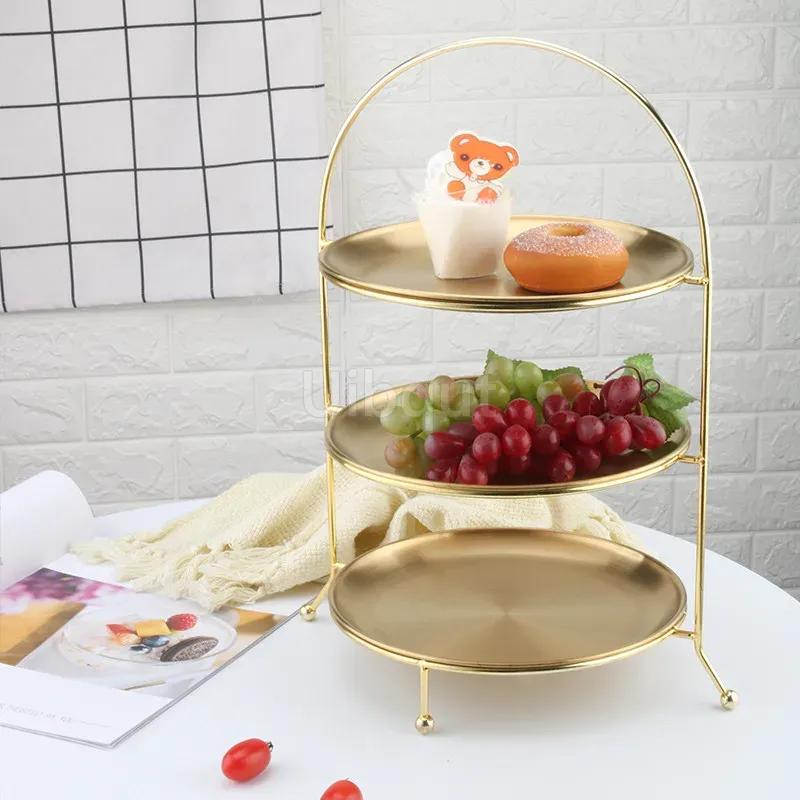 Gold Fruit Plate European 3 Layer Snack Rack Cake Display Rack Pastry Dish Serving Tray Fruit Candy Shelf Room Party Decoration