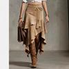Women's Western Style Suede Asymmetric High Waist Midi Skirt with Tie Waist
