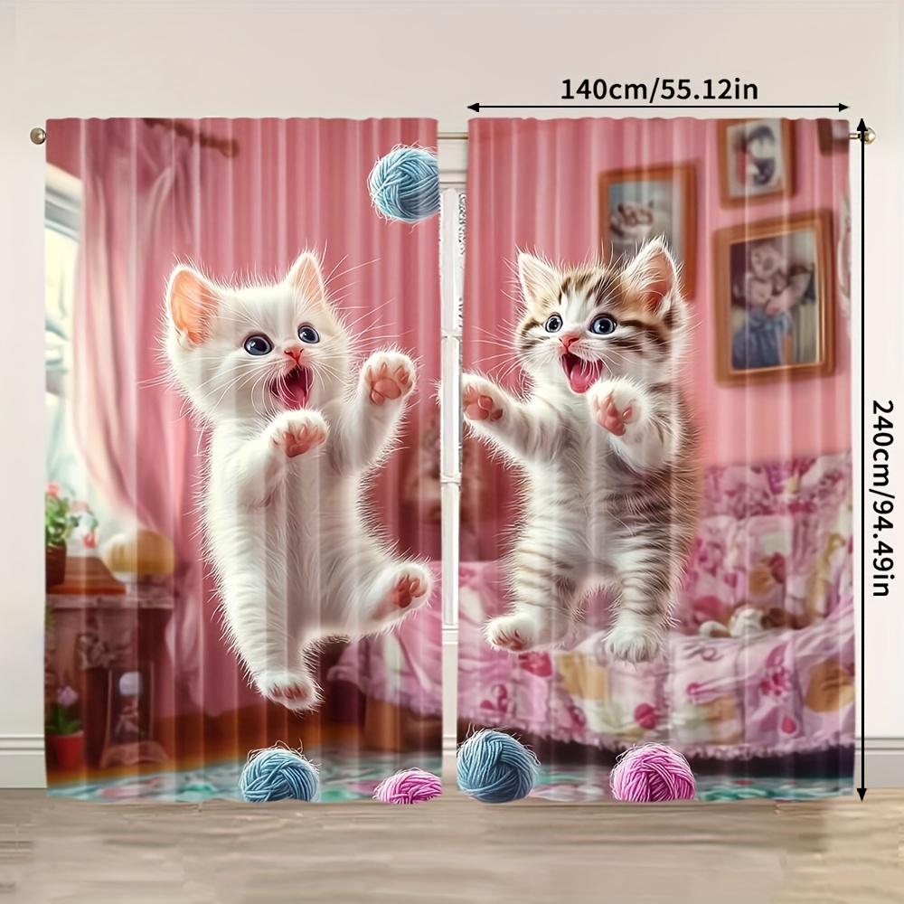 2 Panels Cute Kitten Printed Curtains Playing With Yarn Ball Polyester Living Room Bedroom Window Drapes Home Decor