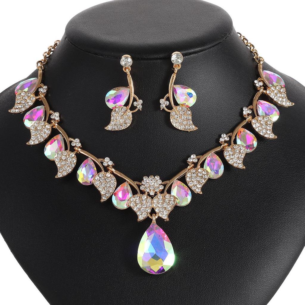 Ethnic Style Retro Gemstone Necklace & Leaf Water Drop Jewelry Set
