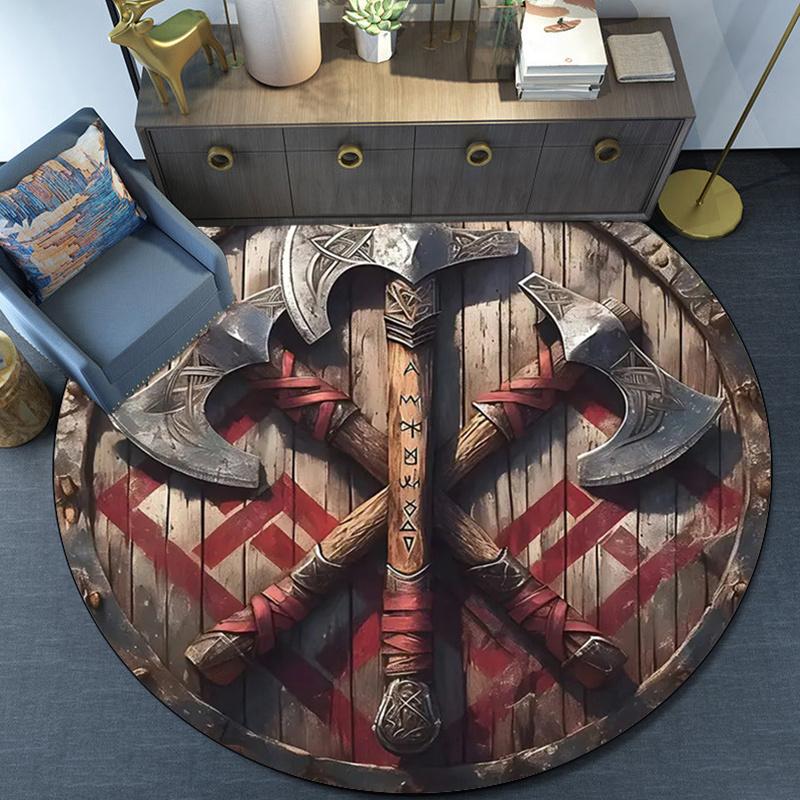 Viking Axes Wooden Shield Round Crystal Velvet Rug Norse Warrior Theme Decorative Floor Mat for Game Room or Study