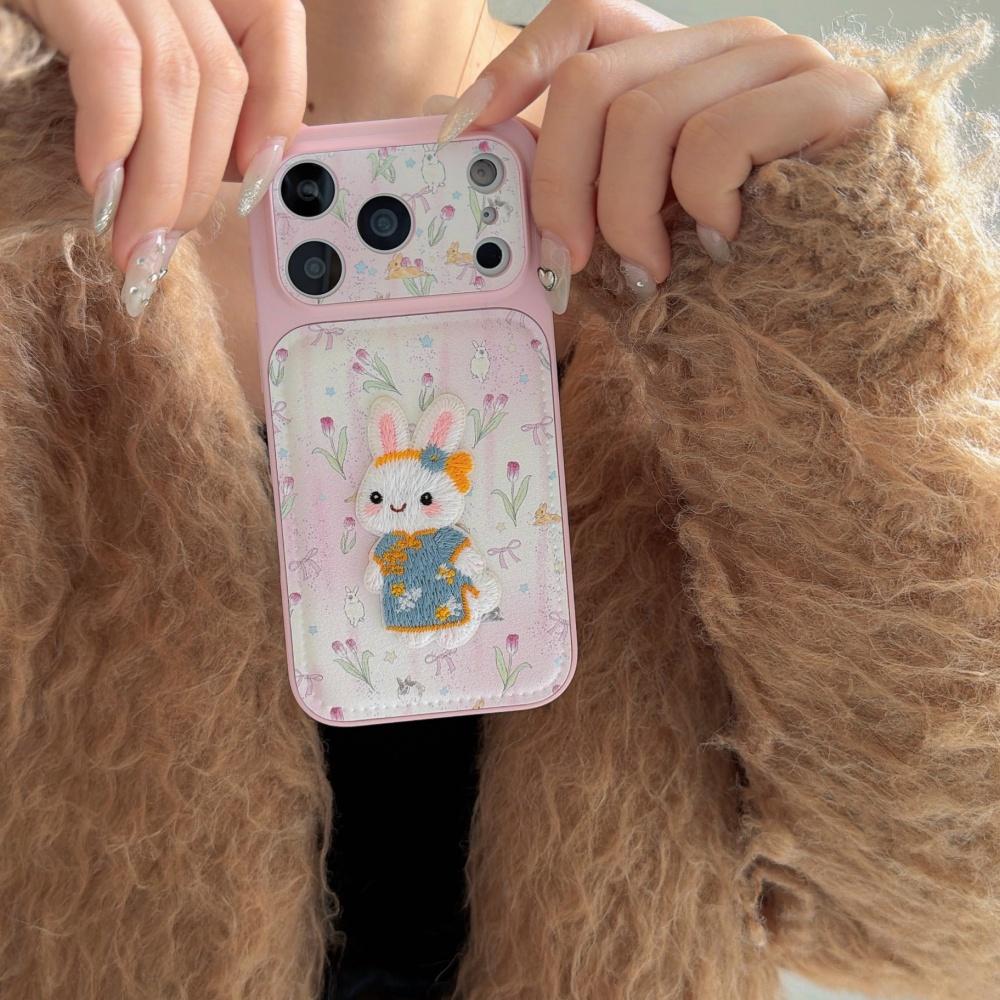 ins cute tulip embroidery rabbit for iphone17ProMax Apple 17 mobile phone case 16 new 15pro cartoon 14 creative 13 women's 16promax silicone anti-drop