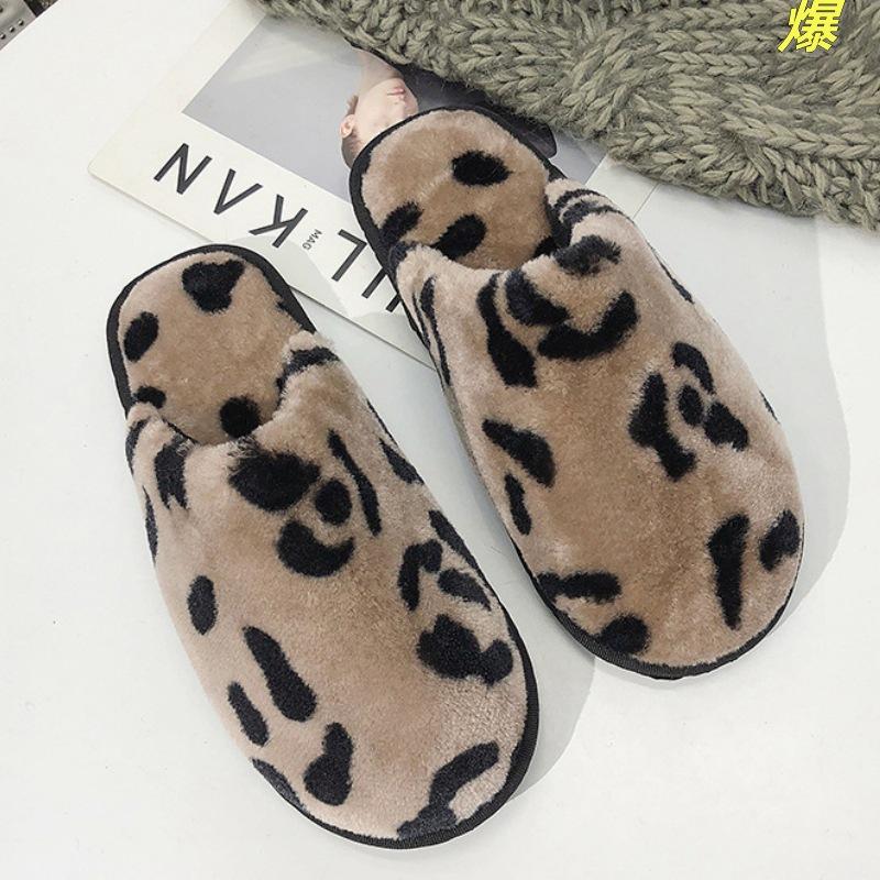 Baotou leopard print plush thickened warm fashionable household bedroom flat bottom non-slip autumn and winter cotton drag girl