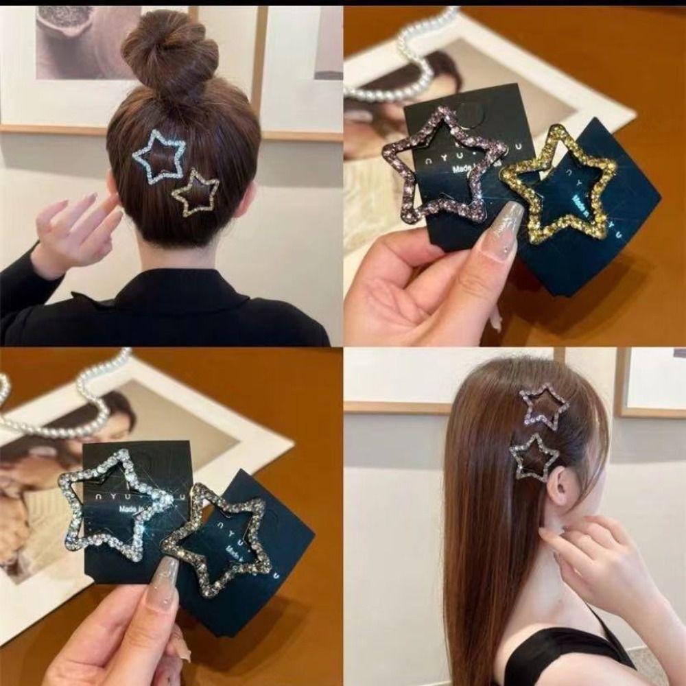 Metal Rhinestone Star BB Clip\ Geometric Hollow Hair Clip Bling Star Side Clip  Girls