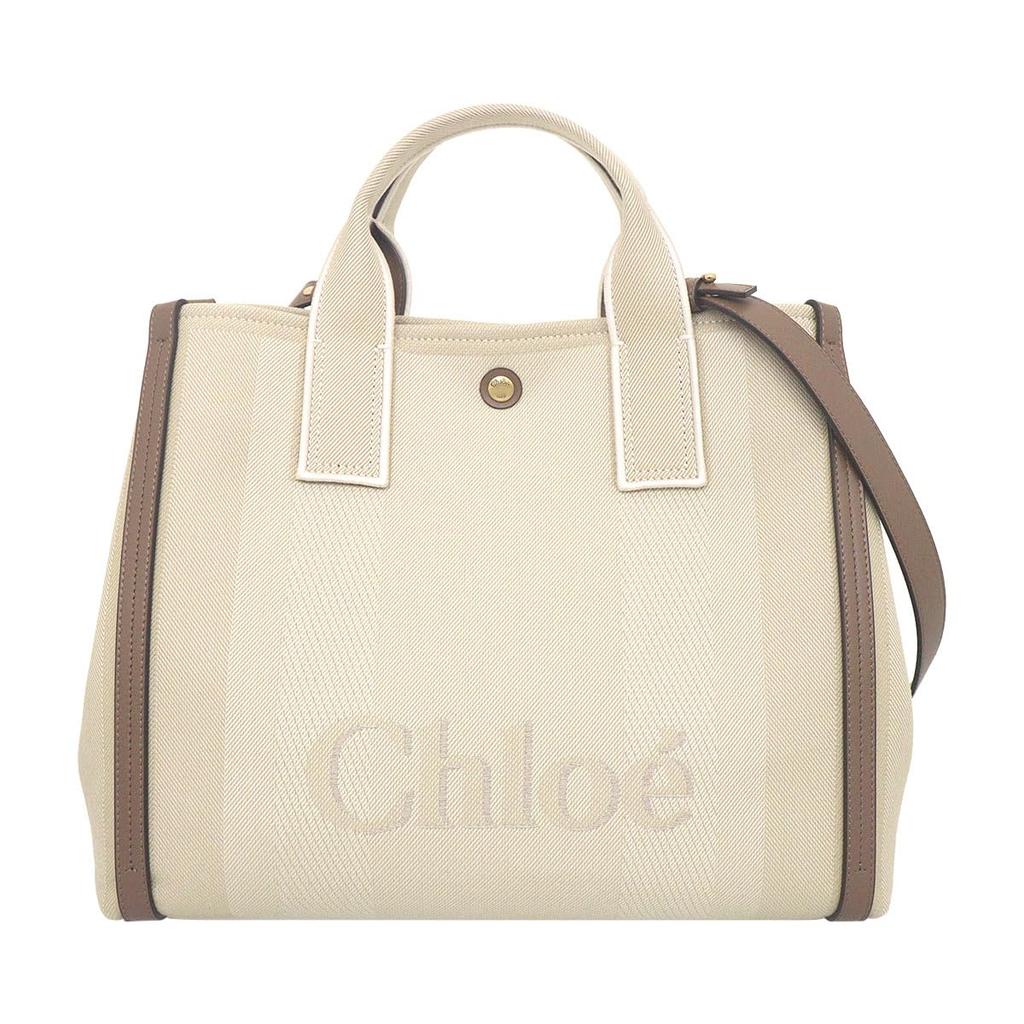 Chloe Tote Bag CHC25SS910 O65 Vegetal Beige CARRY Stripe Cotton Canvas Jacquard Tote for Women [Brand Name] [Used]