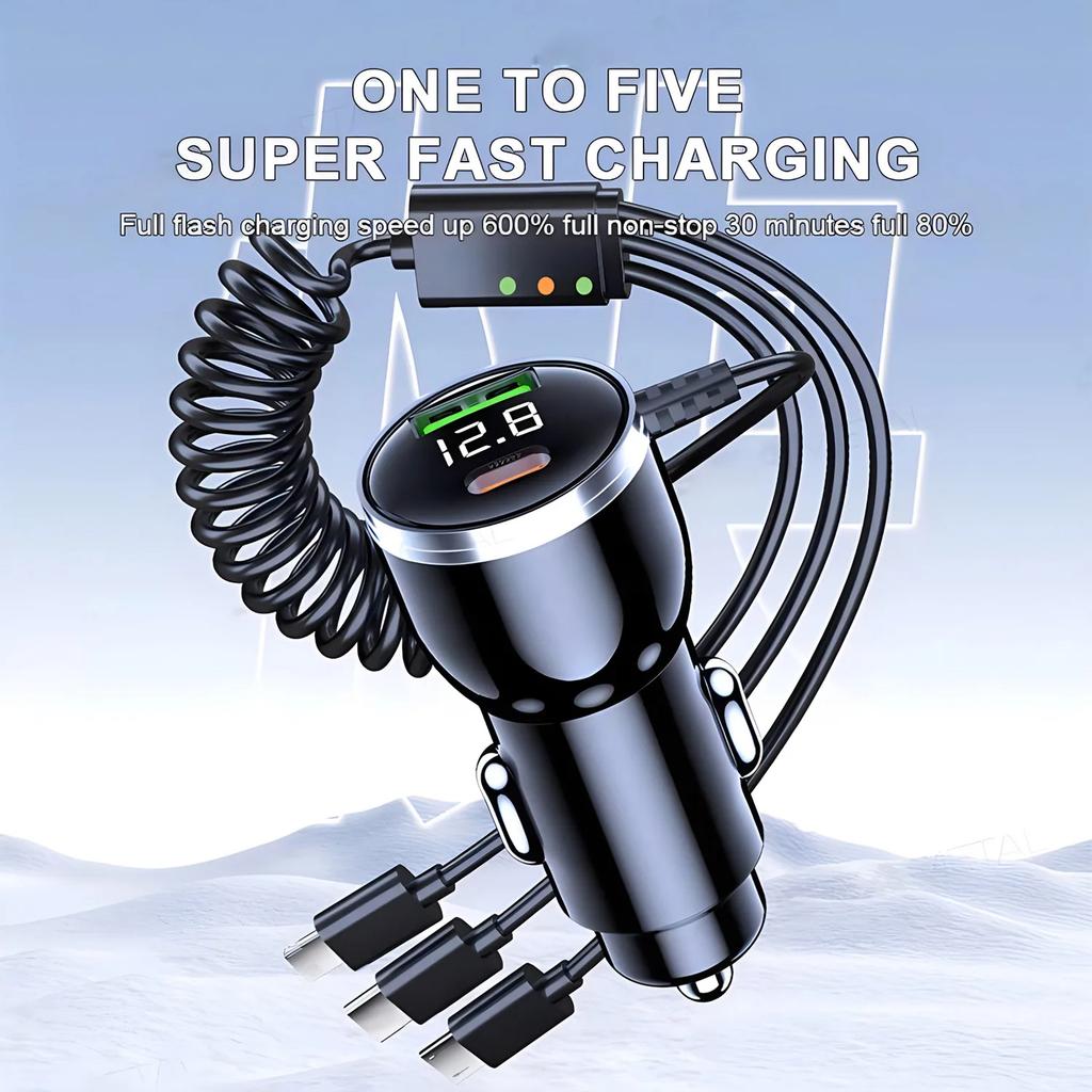 230W 5-Port Fast Charge Car Charger PD QC3.0 USB-C Type-C Adapter for iPhone Samsung Huawei Xiaomi - Vehicle Phone Charger