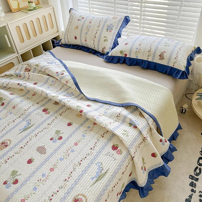 Cotton Quilted Bedspread Set 3 Pieces With Lace Trim Pure Cotton Washed Bed Sheet And Two Pillowcases Soft Breathable Durable Bedding Set