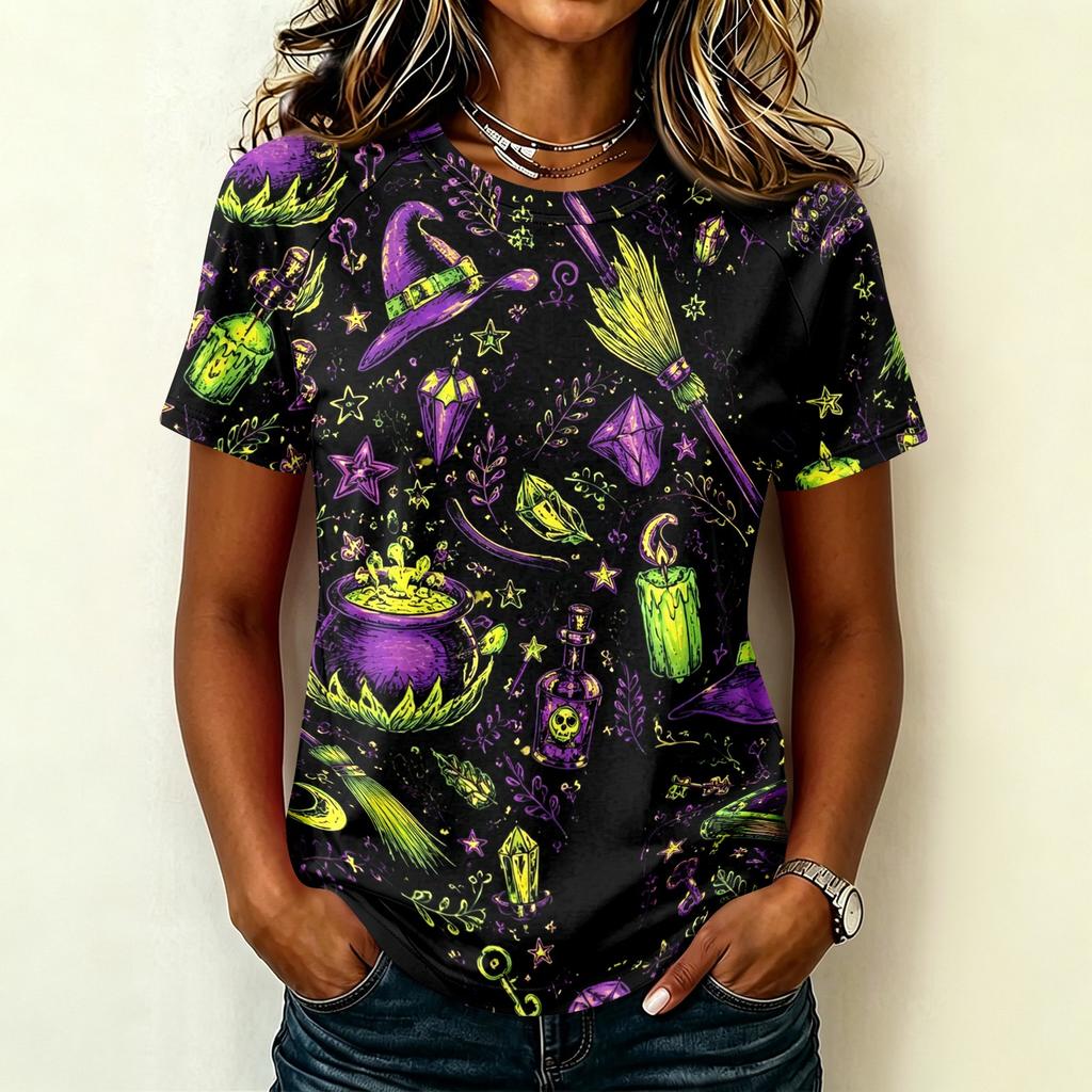 Women Raglan Sleeve Casual Short Sleeve Top Halloween Print Round Neck T Shirt Lightweight Comfortable Fit