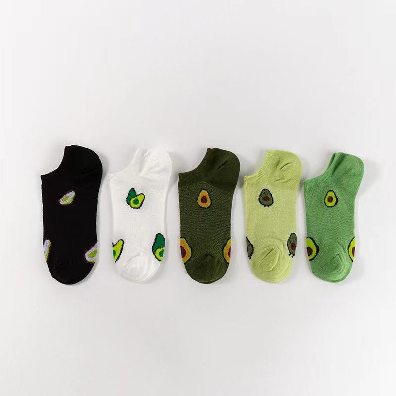 5 Pairs Avocado Ankle Socks Cartoon Fresh Fashion Breathable Summer And Autumn Comforts Women's Low Cut Boat Sock