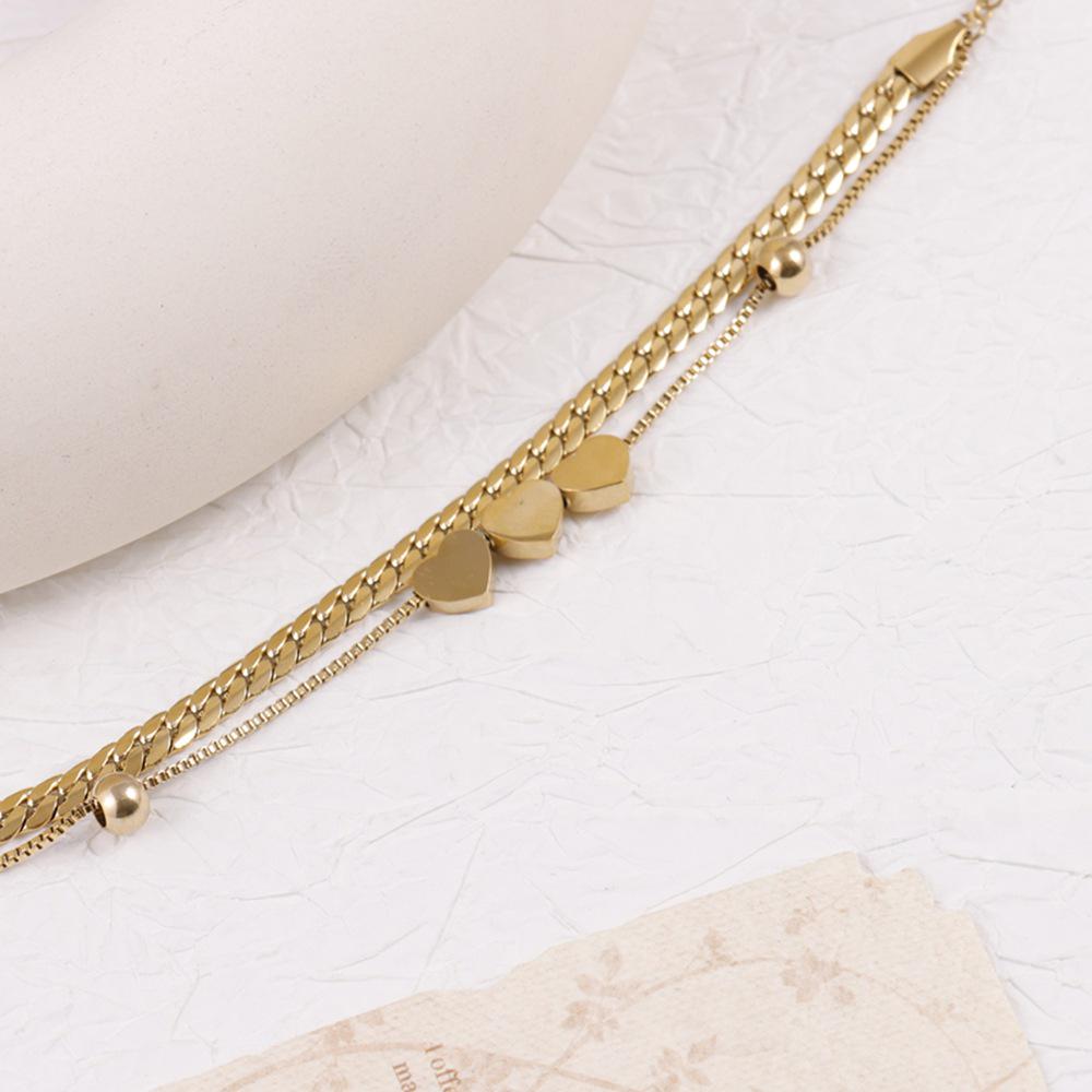 18K Gold Plated Double Layer Heart & Pearl Pendant Bracelet for Women