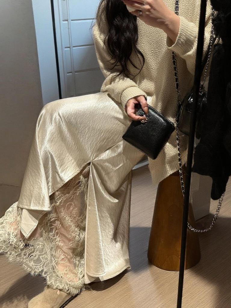 Women's High Waist Lace Patchwork A-Line Satin Skirt - Spring/Summer, Side Slit, Long Skirt