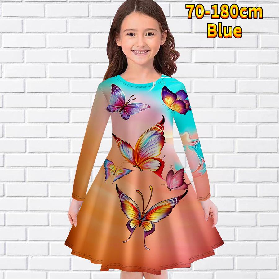 Girl Casual Gradient Butterfly Splicing Print Round Neck Long Sleeve Dress Kid Princess Dress
