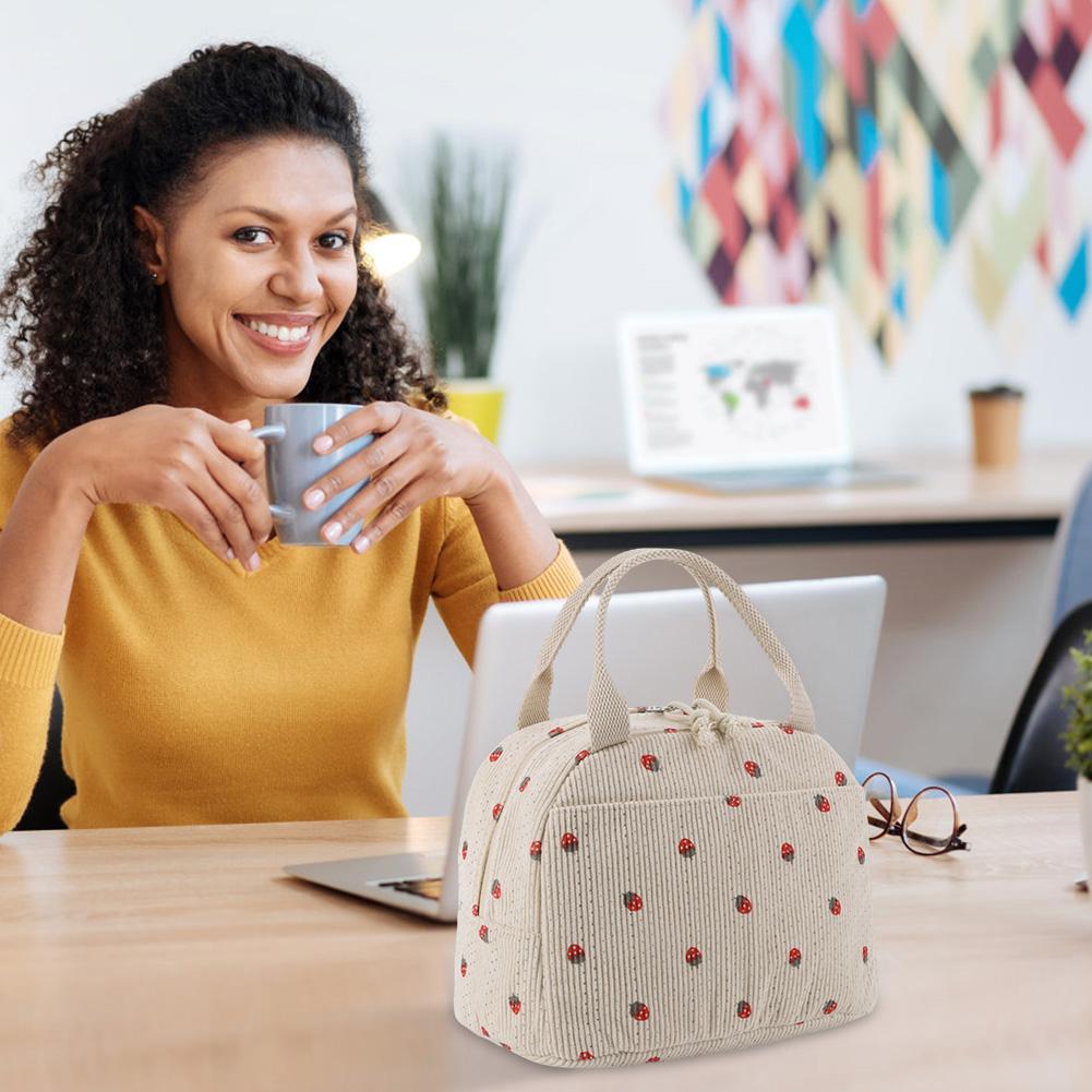 Strawberry/Daisy Corduroy Lunch Tote Bag Large Capacity Insulated Lunch Bag Multi-Function Cute Lunch Bag for Women Girls Kids