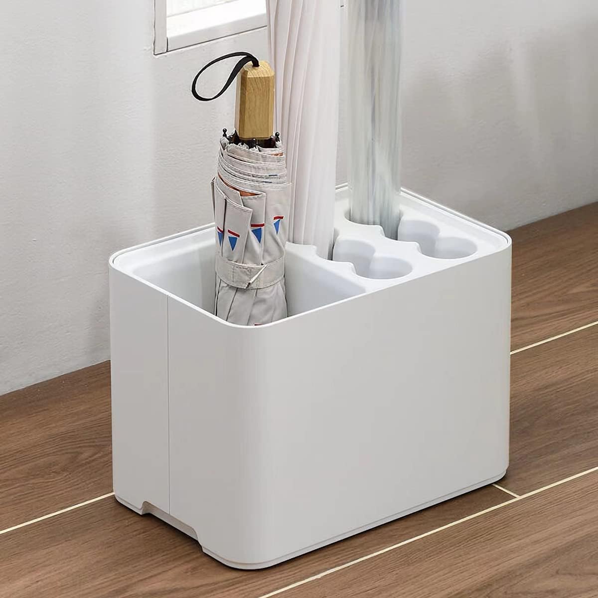 YMJOGGUE Umbrella Stand, Holds 10 Umbrellas, Umbrella Storage, Detachable Water Tray, Compact, Entryway Storage, Indoor Use (White)