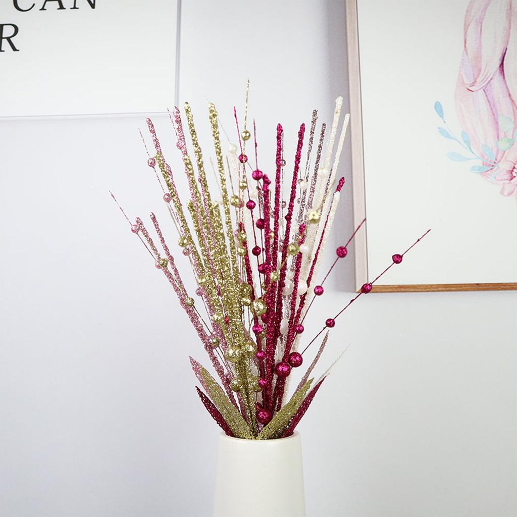 60cm 6 Prong Artificial Glitter Berry Stem with 2 Leaves Xmas Glitter Pick for Home Decor Table Centerpieces