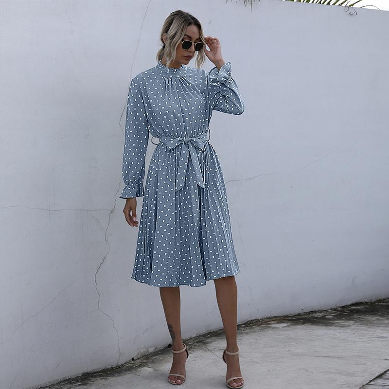 YYFS Women's Vintage Polka Dot Print Long Sleeve Slim Casual Dresses