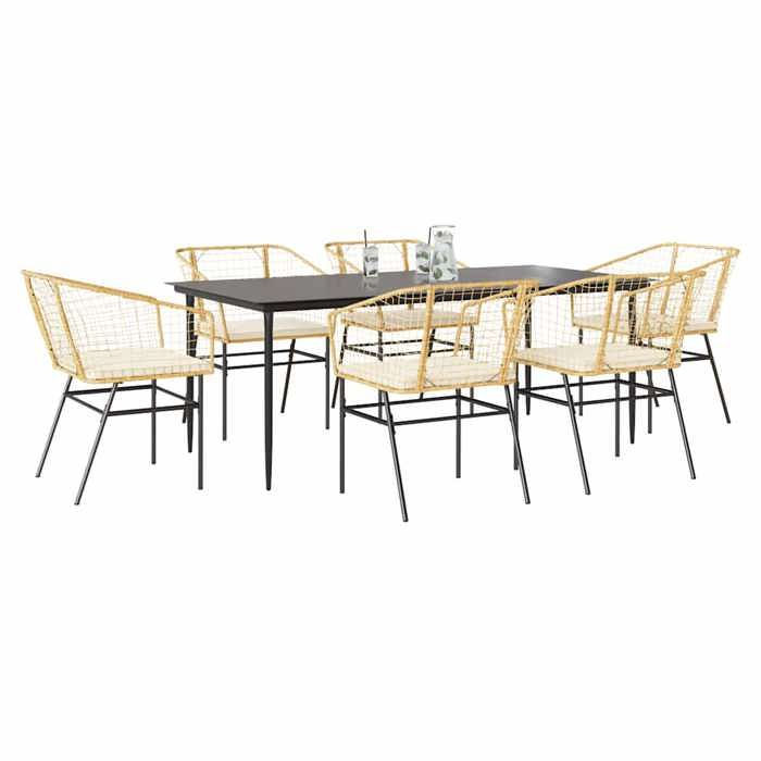 VidaXL Ensemble à manger jardin coussins 7pcs marron poly rotin verre 3334511